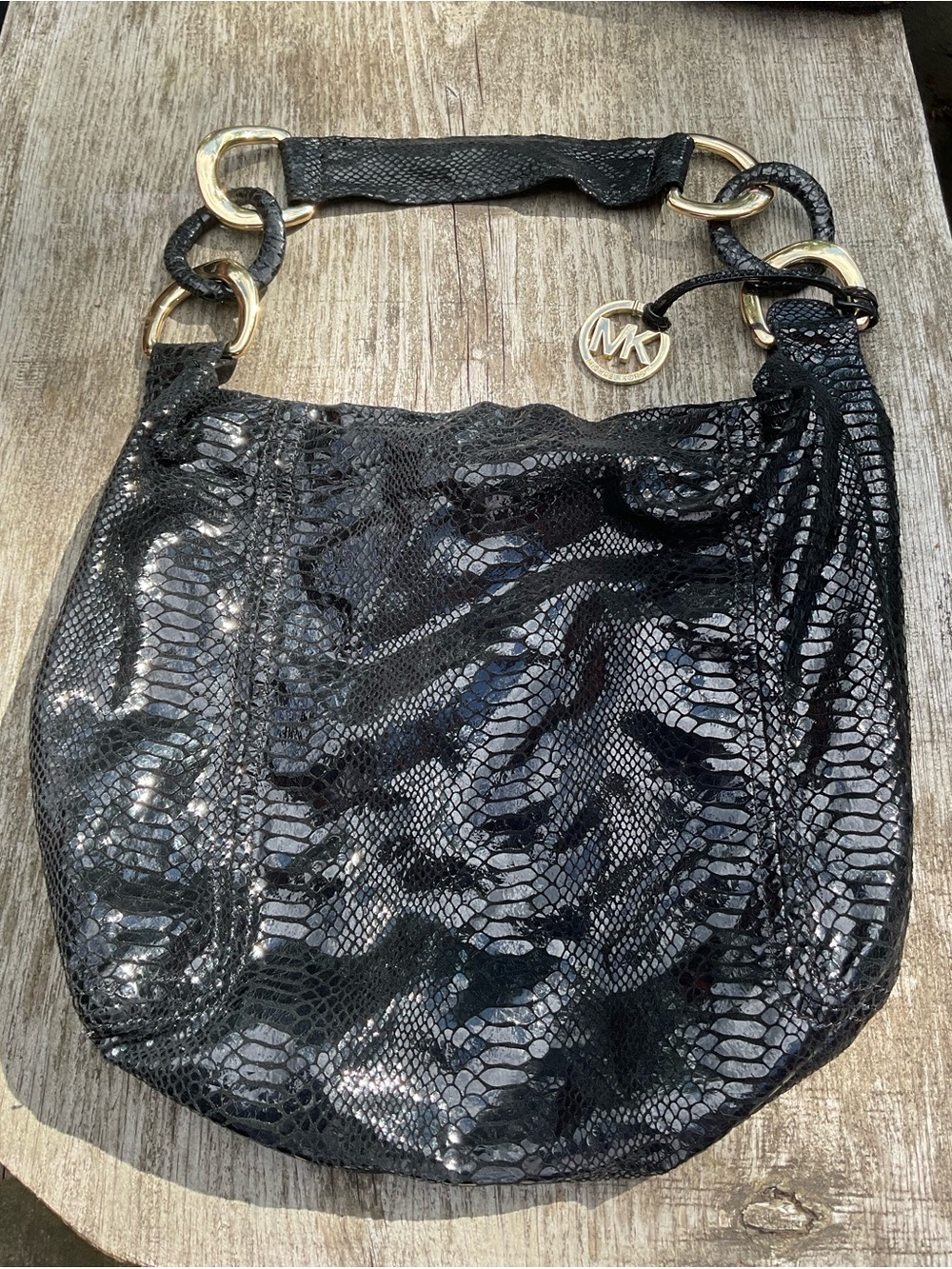 Michael Kors Black Snake-Embossed Shoulder Hobo with Gold Hardware